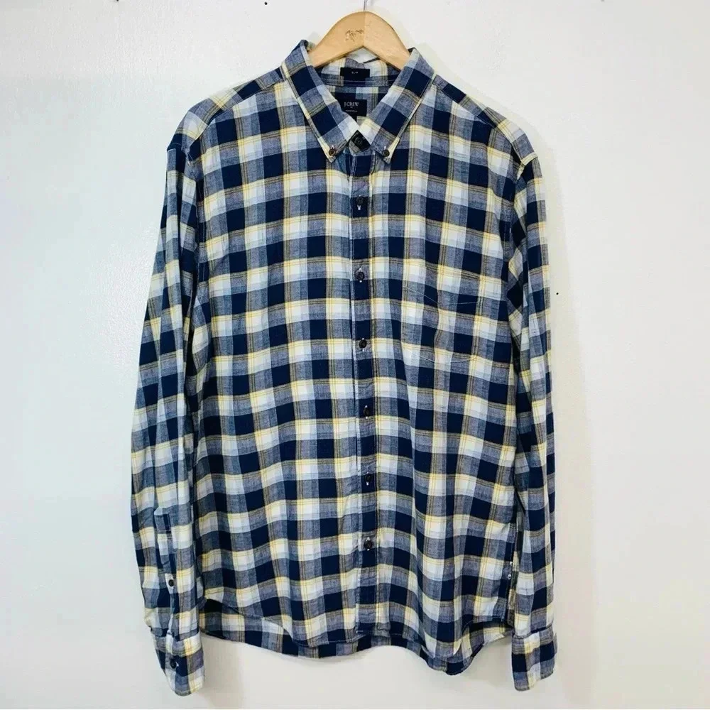 J Crew Shirt Men XL Slim Blue Plaid Homespun Cotton Long Sleeve Casual Workwear